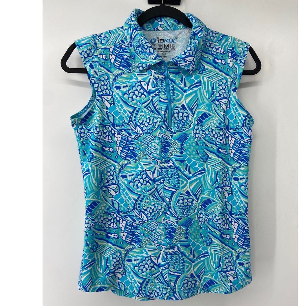 IBKUL Top Women Small Blue Sleeveless Polo Zip Cool Golf Tennis Pickleball UPF